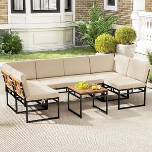 Costway Set divano esterno 6 pezzi metallo cuscini corda bungee, Set poltrone tavolino legno acacia veranda giardino Bianco