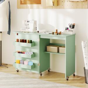 Costway Carrello per artigianato con ripiano e contenitori per camera da letto, Tavolo da cucito pieghevole con stazione di ricarica Verde