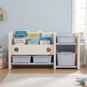 Costway Libreria bambini 2 in 1 a 2 piani 4 scatole portaoggetti 3 ripiani, Organizzatore giocattoli libri tema gatto camera letto soggiorno scuola materna