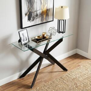 Costway Tavolino consolle in vetro piano temperato trasparente gambe tubolari metalliche, Tavolo moderno 115 cm divano soggiorno corridoio ingresso Nero