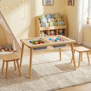 Costway Tavolo sensoriale attività per bambini con 2 sgabelli, Piano rimovibile doppio lato contenitori gambe legno 3+ anni