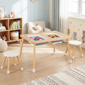 Costway Tavolo sensoriale attività per bambini con 2 sgabelli, Piano doppio lato rimuovibile contenitori gambe legno 3+ anni