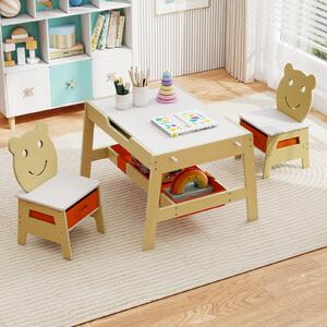 Costway Tavolo per bambini e 2 sedie con piano reversibile lavagna bianca e gesso, Set scrivania artistica 5-in-1 con 4 ganci vano portaoggetti e contenitori 3-10 anni 45cm Naturale