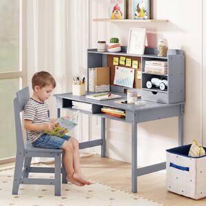Costway Set scrivania e sedia in legno per bambini con bacheca in sughero e cassetto, Set postazione computer con pensile e ripiani aperti per cameretta e scuola a casa Grigio