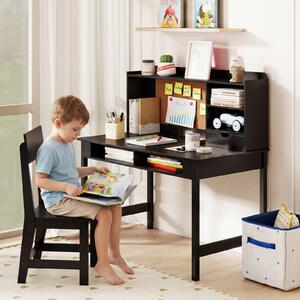 Costway Set scrivania e sedia in legno per bambini con bacheca in sughero e cassetto, Set postazione computer con pensile e ripiani aperti per cameretta e scuola a casa Nero