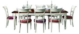 Set tavolo legno shabby intarsiato 200x100 fisso con 6 sedie imbottite