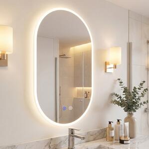 Costway Specchio illuminato da parete per bagno infrangibile con anti-appannamento e luce dimmerabile a 3 tonalità, Specchio in vetro temperato 90x55 cm