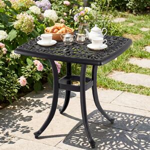 Costway Tavolino laterale da esterno in alluminio fuso antiruggine resistente alle intemperie, Tavolo quadrato da giardino con foro per ombrellone Nero