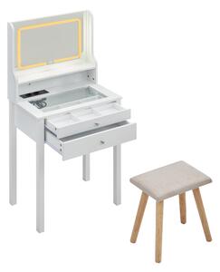 Costway Set toeletta con specchio LED regolabile prese di corrente cassetti e mensola aperta, Tavolo trucco con sgabello imbottito e piano in vetro