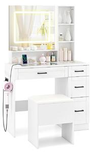 Costway Toeletta con specchio luci prese porta asciugacapelli 4 cassetti e 3 ripiani, Tavolo trucco con sgabello piano in vetro 3 colori regolabili Bianco