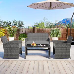 Costway Set conversazione patio 4 pezzi in vimini con cuscini e vetro temperato, Mobili da esterno per giardino veranda balcone Grigio