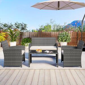 Costway Set conversazione patio 4 pezzi in vimini con cuscini e vetro temperato, Mobili da esterno per giardino veranda balcone Bianco