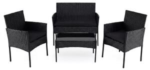 Costway Salotto da giardino in rattan 4 pz con divano poltrone e tavolino vetro, Set esterno con cuscini per balcone terrazzo e patio Nero