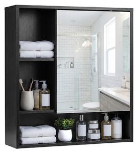 Costway Armadietto per bagno con specchio e porta singola, Mobiletto a parete 3 ripiani per lavanderia e ingresso Nero