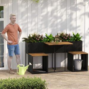 Costway Set di mobili da patio con letto da giardino rialzato in legno di acacia, Tavolo e sedie in rattan PE con spazio di stoccaggio per veranda