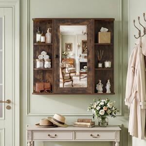 Costway Mobiletto a specchio in legno con anta e 6 scomparti aperti, Armadietto salvaspazio da parete per bagno soggiorno camera 66x16,5x63 cm Marrone