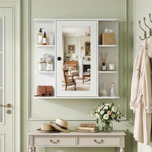 Costway Mobiletto a specchio in legno con anta e 6 scomparti aperti, Armadietto salvaspazio da parete per bagno soggiorno camera 66x16,5x63 cm Bianco