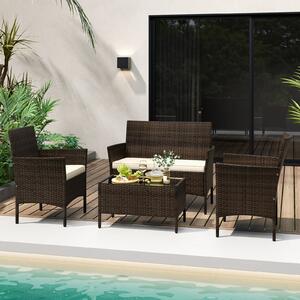 Costway Set da conversazione in rattan per patio 4 pezzi con cuscini morbidi, Mobili da esterno modulari per giardino e veranda Marrone