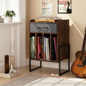 Costway Supporto per giradischi con cassetto in tessuto e 4 scomparti, Scaffale per dischi in stile retrò per soggiorno e camera da letto Marrone