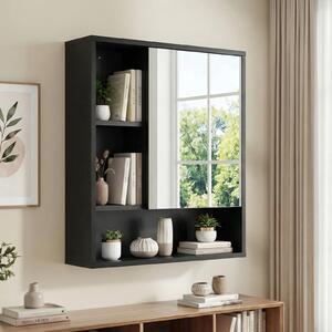 Costway Mobiletto bagno con specchio da parete specchiera con ripiano regolabile, Pensile sospeso in legno 55 x 16,5 x 61 cm Nero