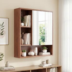 Costway Mobiletto bagno con specchio da parete specchiera con ripiano regolabile, Pensile sospeso in legno 55 x 16,5 x 61 cm Marrone 