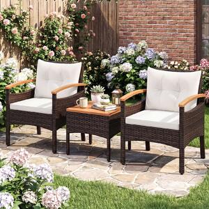 Costway Set bistro patio 3 pezzi con piano in legno di acacia e braccioli, Set di sedie da esterno con cuscini per giardino veranda Bianco