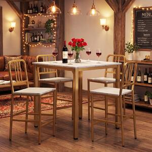 Costway Set da pranzo con tavolo alto per 4 persone con superficie in finto marmo, Set cucina bar 5 pezzi per sala da pranzo Bianco