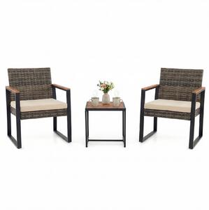 Costway Salottino da esterno in rattan 3 pz con cuscino imbottito, Set mobili da giardino per balcone Beige