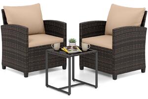 Costway Set mobili da giardino a 3 pezzi con 2 poltrone e 1 tavolino in vetro temperato, Salotto da esterno in rattan PE Giallo