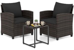 Costway Set mobili da giardino a 3 pezzi con 2 poltrone e 1 tavolino in vetro temperato, Salotto da esterno in rattan PE Nero