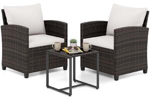 Costway Set mobili da giardino a 3 pezzi con 2 poltrone e 1 tavolino in vetro temperato, Salotto da esterno in rattan PE Beige