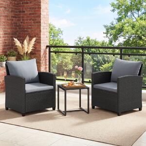 Costway Set mobili da giardino a 3 pezzi con 2 poltrone e 1 tavolino in vetro temperato, Salotto da esterno in rattan PE Nero+Grigio