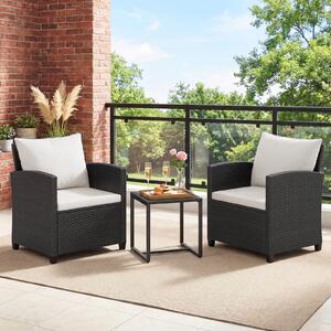 Costway Set mobili da giardino a 3 pezzi con 2 poltrone e 1 tavolino in vetro temperato, Salotto da esterno in rattan PE Nero+Beige