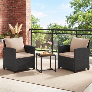 Costway Set mobili da giardino a 3 pezzi con 2 poltrone e 1 tavolino in vetro temperato, Salotto da esterno in rattan PE Nero+Ocra