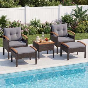 Costway Set di divani in rattan da 5 pezzi con cuscini per sedili schienale, Set in vimini da giardino per cortile Grigio