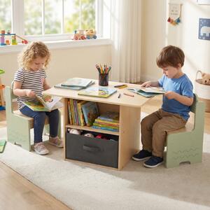 Costway Set di tavolo e 2 sedie per bambini con scomparti doppio lato e cassetto pieghevole in tessuto, Tavolo e 2 sedie in legno Verde