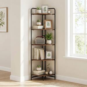 Costway Libreria angolare pieghevole design industriale e salvaspazio, Scaffale stretto a 5 ripiani in legno e metallo per libri decorazioni piante