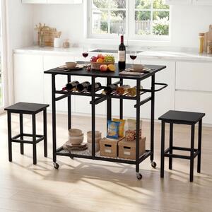 Costway Set tavolo da pranzo 3 pezzi con ruote e portabottiglie da 6 posti, Tavolo da cucina estendibile con 2 sgabelli Nero