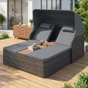 Costway Letto matrimoniale in rattan con tetto retrattile e schienali regolabili, Divano imbottito con tavolino centrale e portabicchieri Grigio