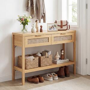 Costway Tavolino da divano in legno con doppio cassetto ripiano inferiore e ampio piano, Consolle per ingresso corridoio e soggiorno Naturale
