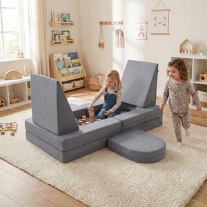 Costway Divano da gioco per bambini trasformabile tessuto suede e schiuma ad alta elasticità, Poltrona modulare a 10 pezzi Grigio