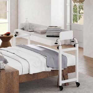 Costway Scrivania mobile per letto matrimoniale con altezza e lunghezza regolabili telaio in metallo, Scrivania sopra-il-letto con ruote Bianco