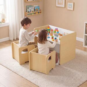 Costway Set tavolo e 2 sedie per bambini con lavagna per disegnare e piedini antiscivolo, Tavolo e sedie multifunzionale design salvaspazio Naturale
