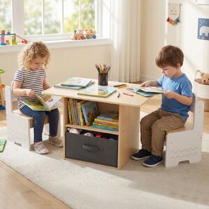 Costway Set di tavolo e 2 sedie per bambini con scomparti doppio lato e cassetto pieghevole in tessuto, Tavolo e 2 sedie in legno Bianco