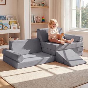 Costway Divano componibile per bambini con rivestimento in velluto cristallo, Divanetto modurale sottovuoto a 10 pezzi Grigio