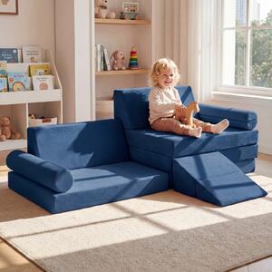 Costway Divano componibile per bambini con rivestimento in velluto cristallo, Divanetto modurale sottovuoto a 10 pezzi Blu
