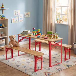 Costway Set 3 pezzi da birreria per bambini robusta struttura in metallo, Tavolo con 2 panche in legno pieghevole facile da riporre