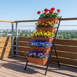 Costway Fioriera verticale con 5 vasi porta piante e fiori, Orto rialzato da giardino a scaletta buon drenaggio salvaspazio in metallo Marrone