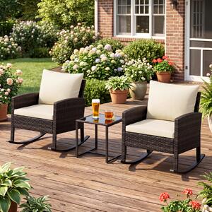 Costway Set salotto da giardino in rattan con 2 poltrone a dondolo tavolino e cuscini, Set mobili da eterno Beige