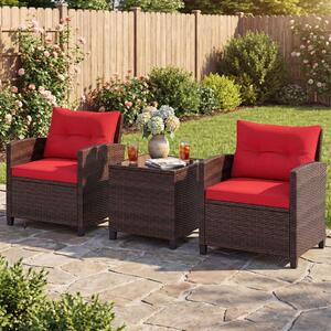 Costway Set di 3 mobili da patio con 4 cuscini rimovibili, Set di 2 sedie e 1 tavolino in rattan con piano in vetro Rosso